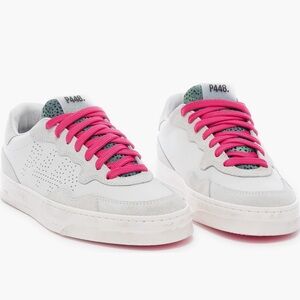 P448 Women's White Sneakers with Pink Laces